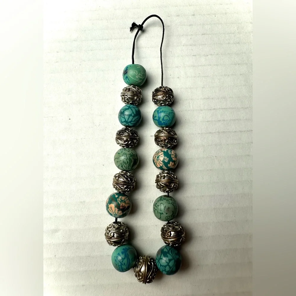 Vintage Handmade Silicone Rubber Beads And Metal Spacers Necklace Choker‎ Blue